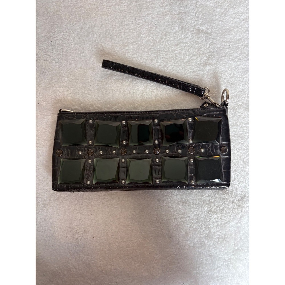 Black Faux Croc Jewel Embellished Wristlet Clutch‎ Bag with Studs and Gemstones